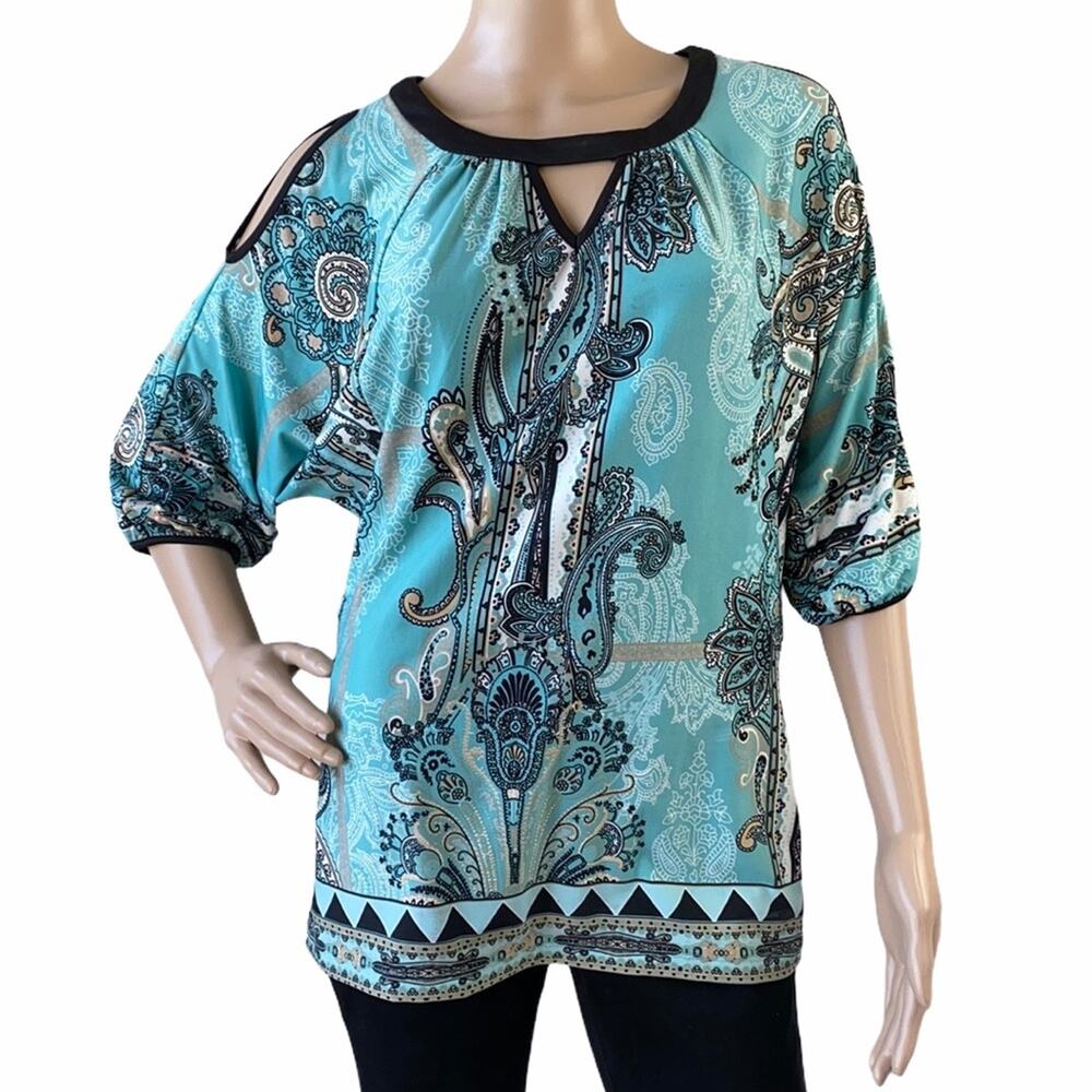 Dressbarn Women Blue Black Cutouts Cold Shoulder Dolman Sleeve Paisley Top S